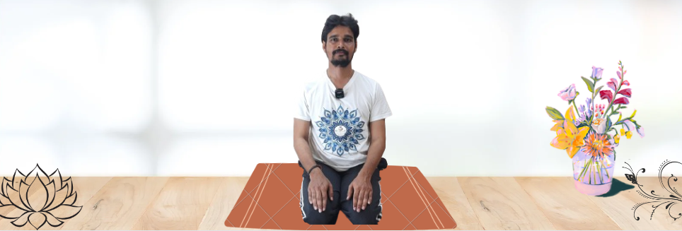 Person practicing Vajrasana, the Thunderbolt Pose, sitting with a straight back and hands on knees.